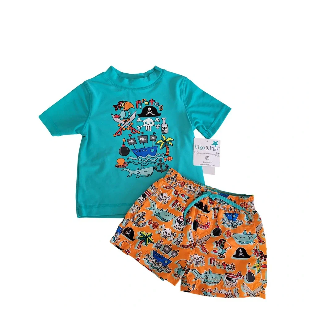 Kiko & Max Boys 3-6 months‎ Swim Trunks Rash Guard Shirt Set Outfit Pirate Shark